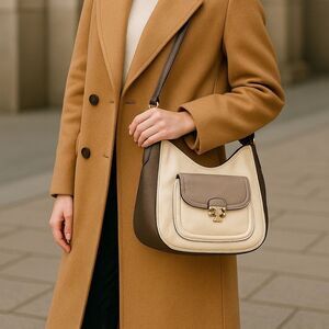 Authentic Tory Burch Leather Hobo Shoulder Bag Taupe & Ivory Large Sophisticated